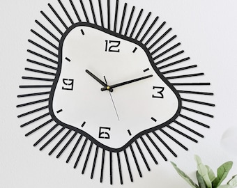 Reloj de pared único: gran decoración moderna de metal y madera, movimiento silencioso, marco negro.