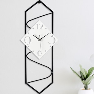 Oversized Vertical Wall Clock: Mid Century Modern Metal & Wood, Silent Movement, Kitchen, Livingroom