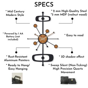 May include: Mid-century modern style wall clock with black steel frame and walnut wood accents. Features rust-resistant aluminum pointers and a silent quartz movement. Includes text: SPECS.