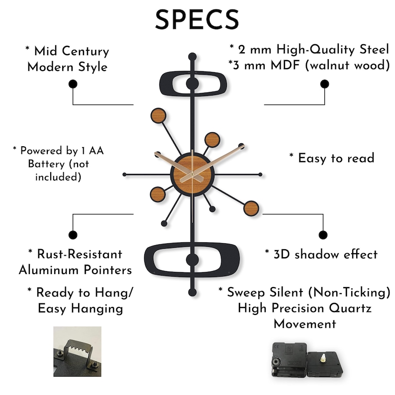 May include: Mid-century modern style wall clock with black steel frame and walnut wood accents. Features rust-resistant aluminum pointers and a silent quartz movement. Includes text: SPECS.