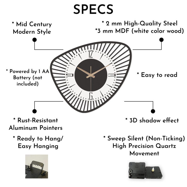 K&ouml;nnte beinhalten: Wanduhr im Mid-Century-Modern-Stil mit einzigartiger Form. Die Uhr hat einen schwarzen Rahmen, ein wei&szlig;es Zifferblatt und rostbest&auml;ndige Aluminiumzeiger. Sie ben&ouml;tigt 1 AA-Batterie und ist einfach aufzuh&auml;ngen.