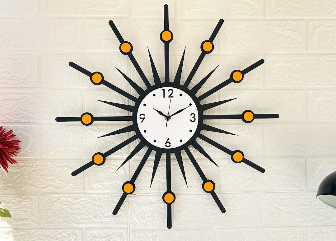 Starburst Large Wall Clock: Mid Century Modern Metal & Wood