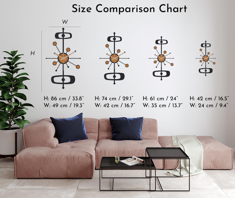 May include: A size comparison chart displays four mid-century modern wall clocks. The clocks are black with a circular wooden center and radiating arms. The largest clock is 33.8 inches high and 19.3 inches wide. The text "Size Comparison Chart" is at the top.