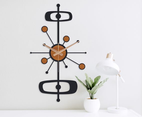 Mid century modern wall clock: Oversized, big, wood and metal, silent, black, starburst, unusual wall clocks