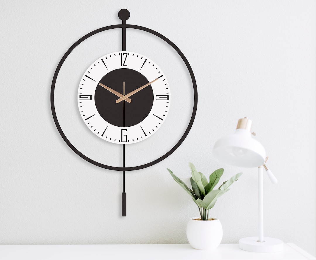 Pendulum Wall Clock: Metal & Wood, Silent Movement, Black and White ...