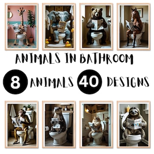 Funny Animals Bathroom Wall Art Bundle Printable, Toilet Humor Decor, Animals on Toilet with Newspaper, Laundry Room Printable AI Art