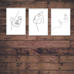 Lot de 3 impressions d&#39;art au trait visage - dessin de femme minimaliste sur un trait, portrait de femme abstrait moderne, art mural numérique pour la décoration intérieure