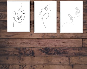 Face Line Art Print Set of 3 – Minimalist One Line Woman Drawing, Modern Abstract Female Portrait, Digital Wall Art for Home Decor