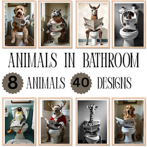 Funny Animals Bathroom Wall Art Bundle Printable, Toilet Humor Decor, Set of 8 Cute Animals on Toilet, Laundry Room Printable AI Art