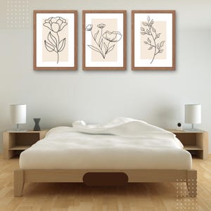 Set of 3 Minimalist Botanical Prints, Beige Plant Line Art Wall Decor, Modern Neutral Aesthetic Art for Bedroom or Office