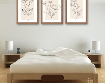 Set of 3 Minimalist Botanical Prints, Beige Plant Line Art Wall Decor, Modern Neutral Aesthetic Art for Bedroom or Office