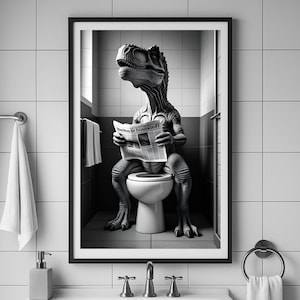 Dinosaur Bathroom Wall Art, Funny Dinosaur Bathroom Decor, Dino on Toilet Poster, Kids Bathroom Art, Dino Lover Gift, Digital Download