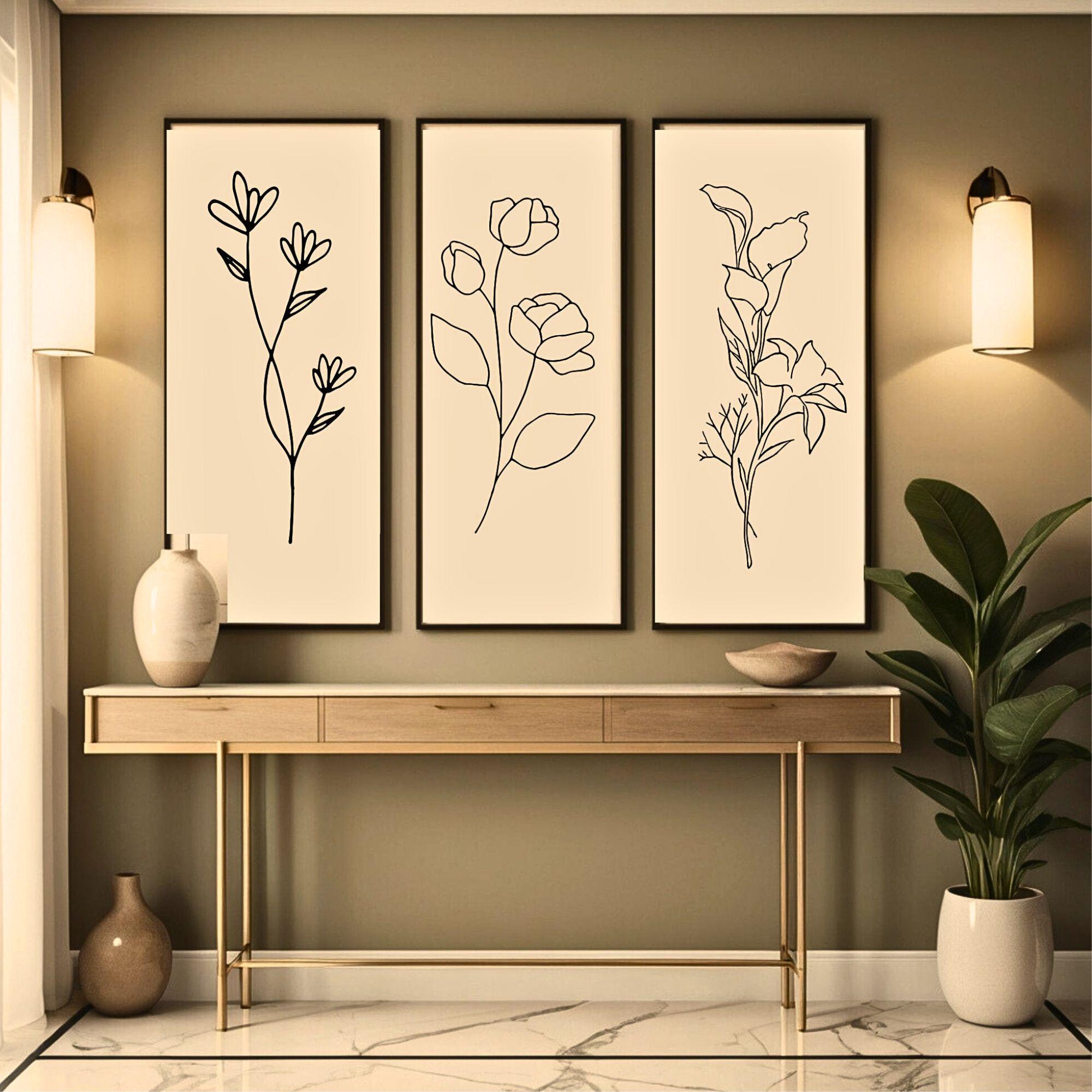 Plant Line Art Prints Set of 3 Neutral Botanical Wall Art for Bedroom ...