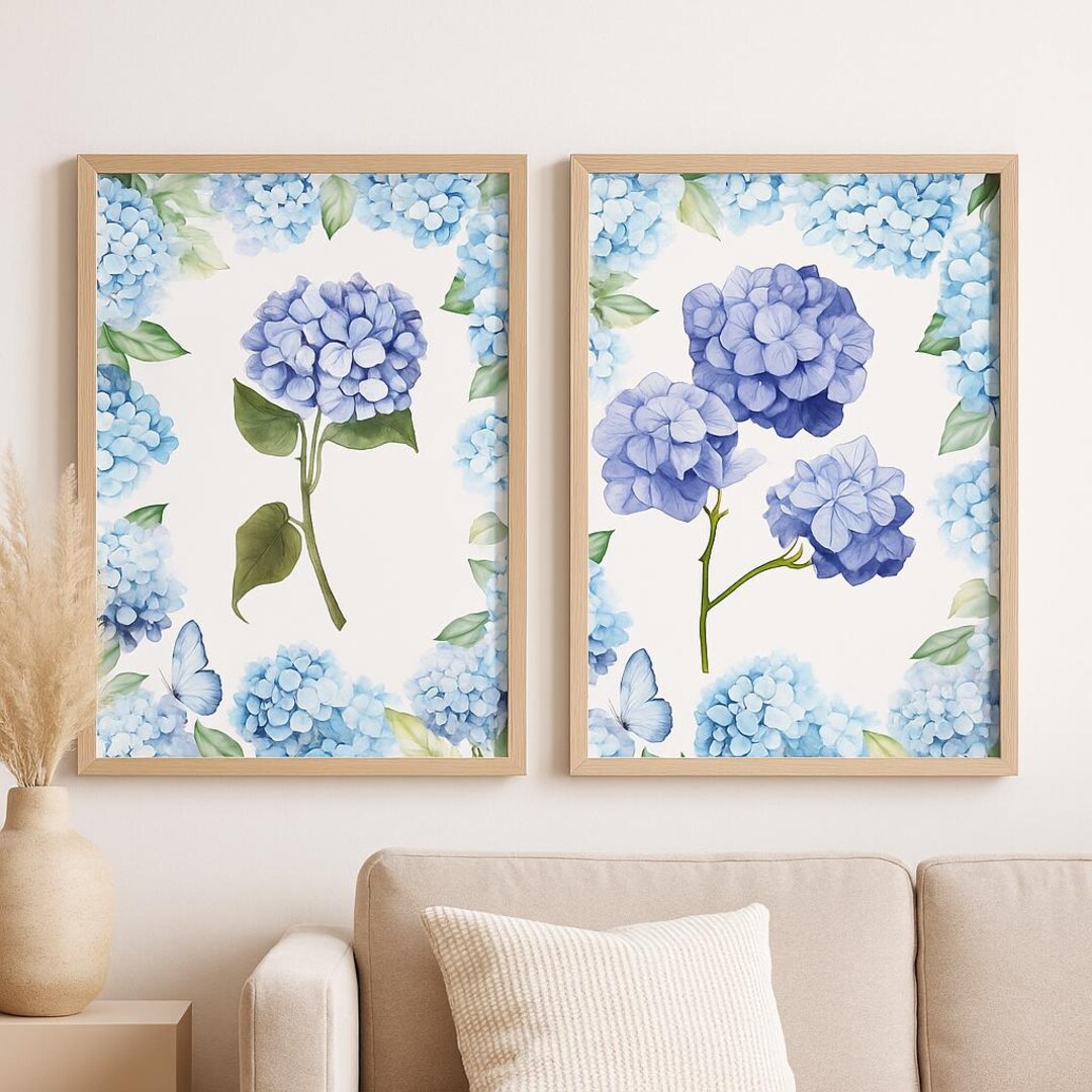Set of 2 Blue Hydrangea Prints, Chinoiserie Floral Wall Art, Botanical ...