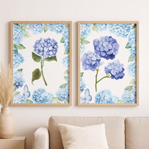Set of 2 Blue Hydrangea Prints, Chinoiserie Floral Wall Art, Botanical Digital Download, Grandmillennial Decor, Watercolor Flower Art Print