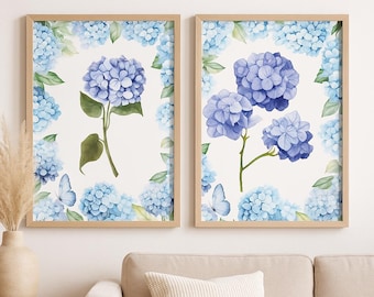 Set of 2 Blue Hydrangea Prints, Chinoiserie Floral Wall Art, Botanical Digital Download, Grandmillennial Decor, Watercolor Flower Art Print