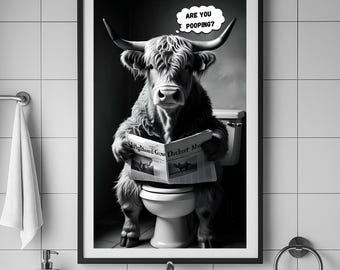 Highland Cow Bathroom Wall Art, Funny Cow Bathroom Decor, Highland Cow on Toilet Print, Farm Animal Bathroom Poster, Digital Download