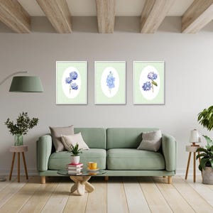 Set of 3 Hydrangea Floral Prints, Green Stripe Cottagecore Wall Art, Blue & Pink Botanical Poster Set, Grandmillennial Decor, Digital Print