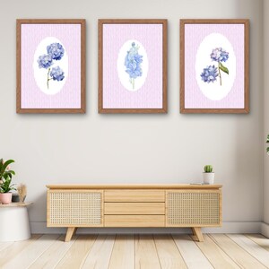 3er Set Rosa und Blaue Hortensie Blumendrucke, Vintage Cottagecore Wandkunst, Grandmillennial Botanisches Poster, Blumen, digitaler Download