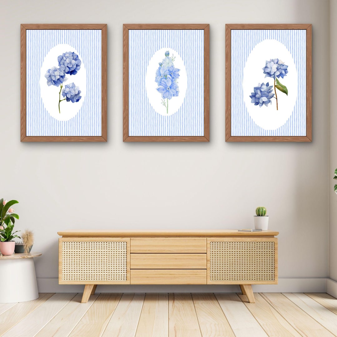 Hydrangea Wall Art Set of 3, Blue Stripe Floral Print, Botanical Garden ...