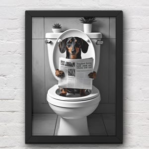 Dachshund Bathroom Wall Art, Funny Dog Bathroom Decor, Dachshund on Toilet Print, Dog Poster, Petshop Art, Sausage Dog Art, Digital Download