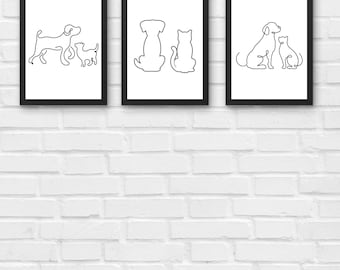 3er Set Katze und Hund Line Art Prints - Minimalistische Haustier Wandkunst, Moderne Tier Poster, Katzen und Hund Freundschaft Digitaler Download Geschenk für Tierliebhaber