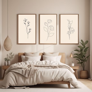 Láminas de arte floral, juego de 3 dibujos florales en blanco y negro, arte mural botánico minimalista imprimible para decoración del hogar.