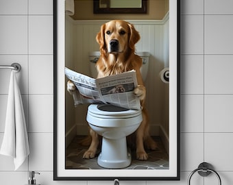 Golden retriever badkamer kunst aan de muur, grappige hond op toilet poster, golden retriever decor, hond badkamer humor, huisdier kunst aan de muur, digitale download
