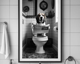May include: Black and white framed print of a beagle dog sitting on a toilet, reading a newspaper. The dog is the focal point, set in a bathroom with a towel rack, soap dispenser, and other bathroom fixtures.