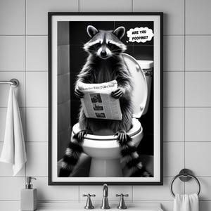 Raccoon Bathroom Wall Art, Funny Animal Bathroom Decor, Raccoon on Toilet Print, Woodland Creature Poster, Cute Raccoon Art Digital Download