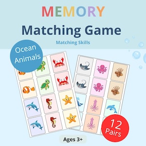 May include: A memory matching game featuring two sheets of cards with illustrations of ocean animals including crabs, turtles, starfish, sharks, seahorses, octopuses, and dolphins. The text reads MEMORY Matching Game, Ocean Animals, 12 Pairs, and Ages 3+.