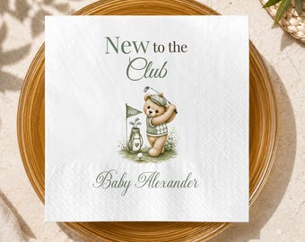 New to the Club Baby Shower Napkins, Personalized Golf Teddy Bear Napkins, Sage Green Golf Baby Shower Party Napkins