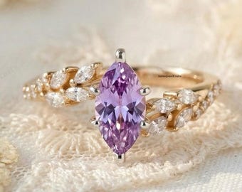 Nature Inspired Vintage Marquise Cut Natural Lavender Amethyst Engagement Ring Solid Rose Gold Art Deco Leaf Branch Jewelry Anniversary Gift