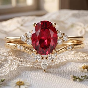 May include: A gold ring set featuring a large oval-cut deep red gemstone as the centrepiece. The band is adorned with multiple small, clear round-cut stones and a single marquise-cut stone at the base, creating a layered, symmetrical design.