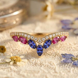 Marquise Sapphire Engagement Chevron Ring, 14K Gold V Shaped Wedding Band, Pink Blue Gemstone Stacking Ring, Curved Dainty Anniversary Gift