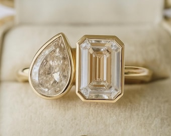 Förlovningsring med päron- och smaragdslipad moissanit, ring med infattning och toi et moi, löfte i 14 karat massivt guld med två stenar, du och jag-ring för flickor