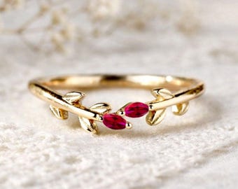 Pink Ruby Stacking Wedding Band Curved Twig Leaf Bridal Ring Yellow Gold Plated Promise Ring Minimalist Matching Band Christmas Gift For Her