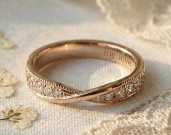 Anpassad graverad roséguldring med diamanter, personlig vigselring med evighetsvridning, jubileumspresent till henne, min kärlekslöfte