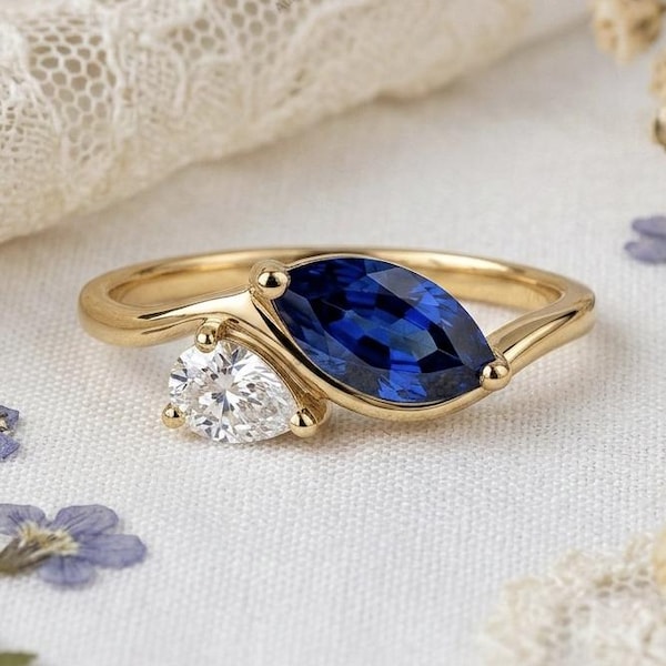 Anillo "Toi et Moi", anillo de compromiso con zafiro azul marquesa y diamante en forma de pera, anillo de dos piedras con derivación, anillo de promesa de oro de 14 quilates, regalo de aniversario