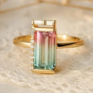 Watermelon Bi Color Tourmaline Baguette Ring, Art Deco Ring Diamond Accents, Unique Birthstone Jewelry Gift 18K Yellow Gold Anniversary Ring
