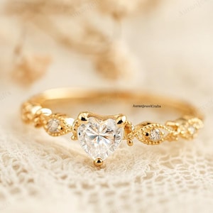 Elegant hjärtformad förlovningsring, hjärtslipad moissanitring, löftering i 14 karat guld för henne, minimalistisk bröllopspresent till alla hjärtans dag, julklapp bild 1