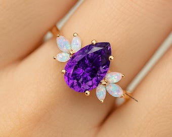 Pear Cut Amethyst Opal Ring, Unique Floral Engagement Ring, February Birthstone Jewelry 14K Promise Fire Opal Ring Anniversary Gift For Wife