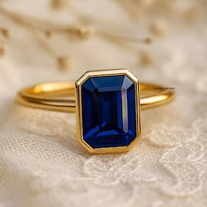 Emerald Cut Blue Sapphire Ring, 18K Gold Bezel Set Sapphire Engagement Ring, September Birthstone, Classic Fine Jewelry Gift For Her Wedding