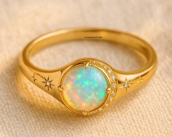 Anello vintage in oro con opale, anello a stella in oro giallo 18 carati con diamanti, gioiello con pietra portafortuna di ottobre, anello di fidanzamento celeste con luna, regalo per lei