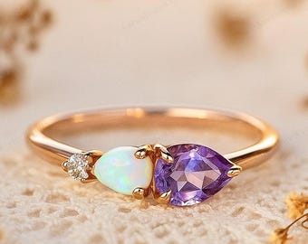 Pear Cut Amethyst Opal Minimalist Ring, 14K Gold Dainty Gemstone Band, Three Stone Engagement Ring , Elegant Gift for Wife, Promise Ring