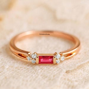 Ruby Baguette Cut Ring with Diamond Side Stones, 18K Rose Gold Dainty Engagement Ring Vintage Art Deco Gemstone Jewelry Minimalist Gift Ring