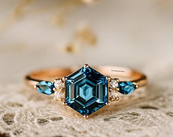Hexagon Blue Topaz Ring Rose Gold, Vintage Art Deco Gemstone Ring, London Blue Topaz Engagement Ring, Unique Fine Jewelry Gift For Her