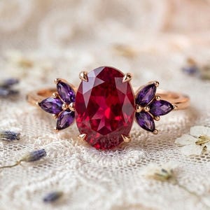Vintage Oval Ruby Engagement Ring Rose Gold Amethyst Diamond Cluster Ring Antique Art Deco Wedding Band Unique July Birthstone Gift for Her