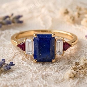 Emerald Cut Lapis Lazuli Ring, 14k Gold Art Deco Ruby Engagement Ring for Women, Baguette Diamond Three Stone Ring, Vintage Blue Ring