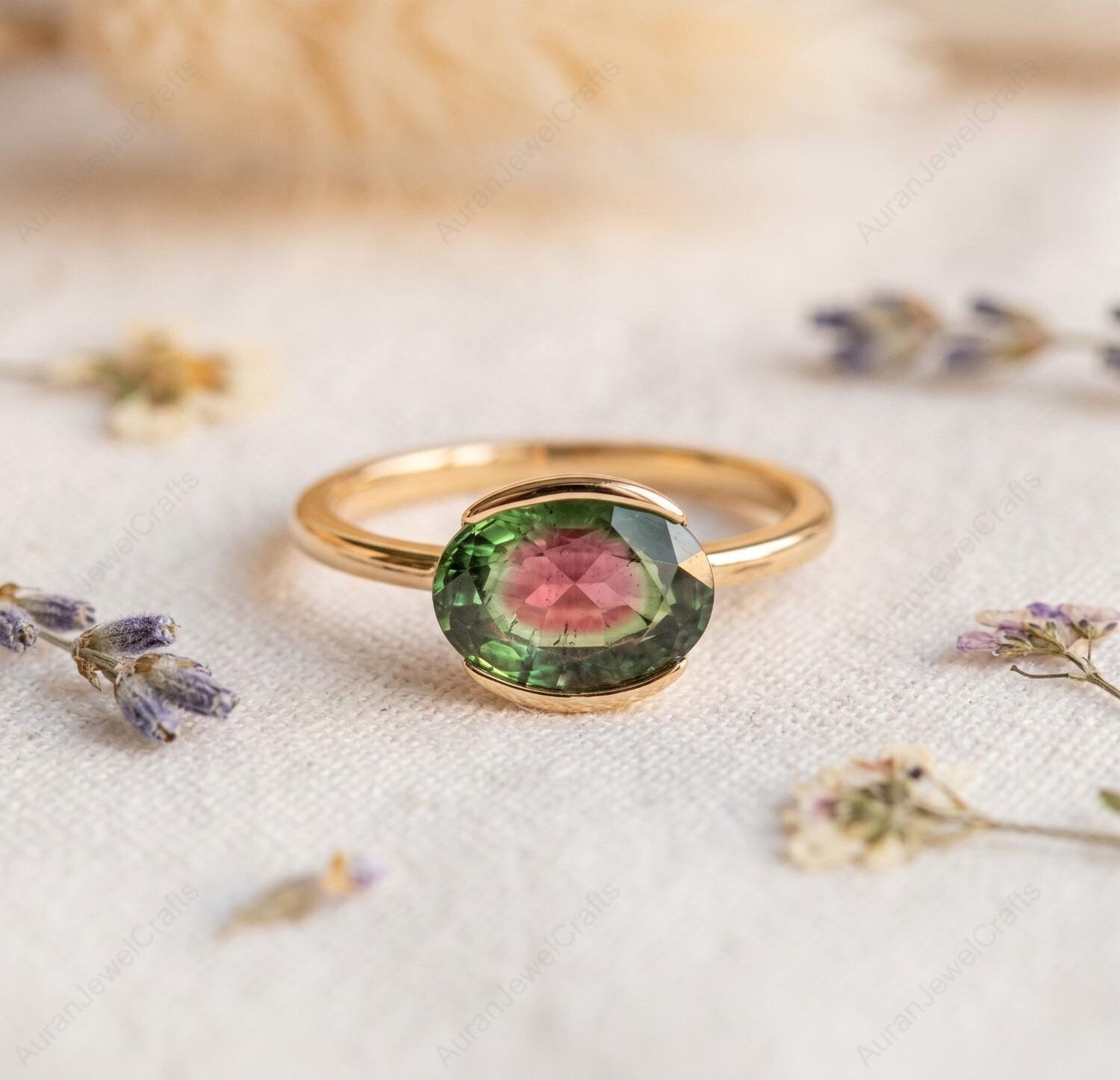 Watermelon Tourmaline Ring Oval Cut Tourmaline Engagement Ring Gold…